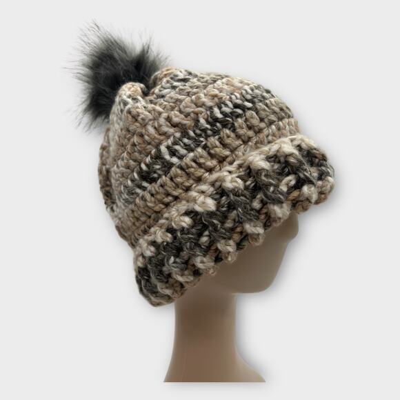 Chunky knit gray brown beanie fuzzy pom pom winter hat boho outdoors XS X-Small - Picture 1 of 7